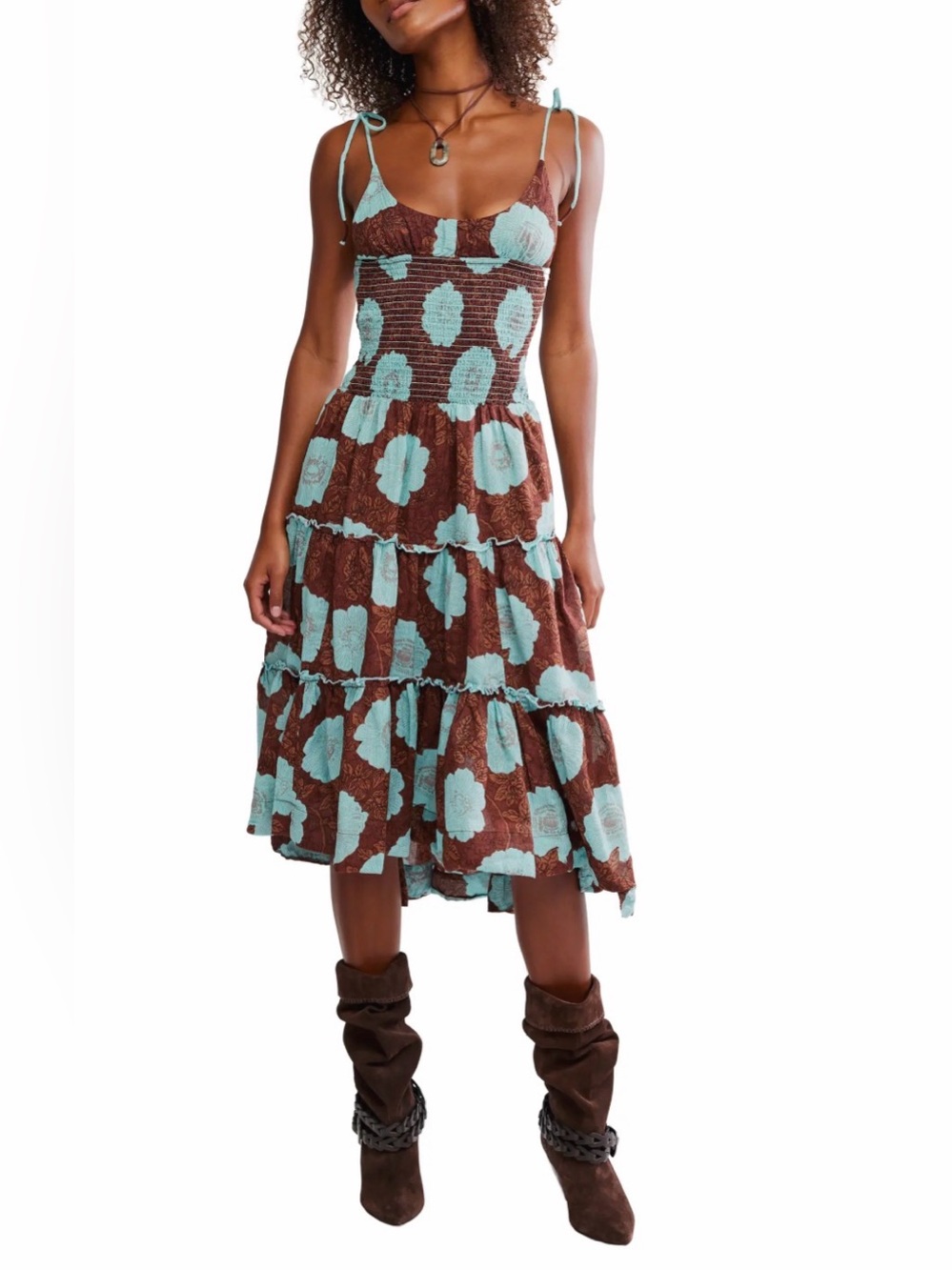 FREE PEOPLE ADRIEL MIDI FLORAL DRESS TIE-STRAP SCOOP NECK BROWN/BLUE SIZE MEDIUM